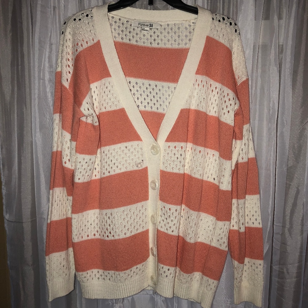 Salmon & Cream Striped Cardigan • L • Forever 21